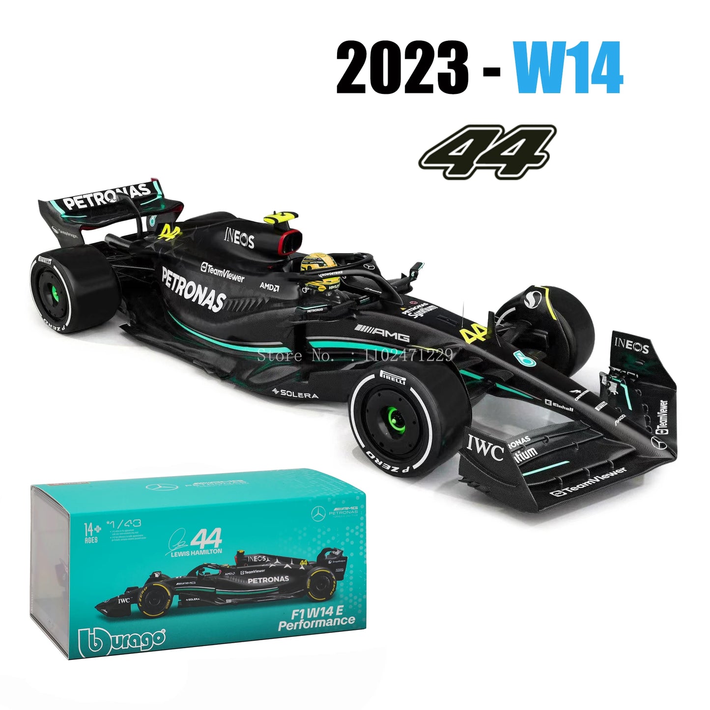 Bburago 1:43 W14 2023 44# Hamilton Mercedes-AMG Petronas F1 Team