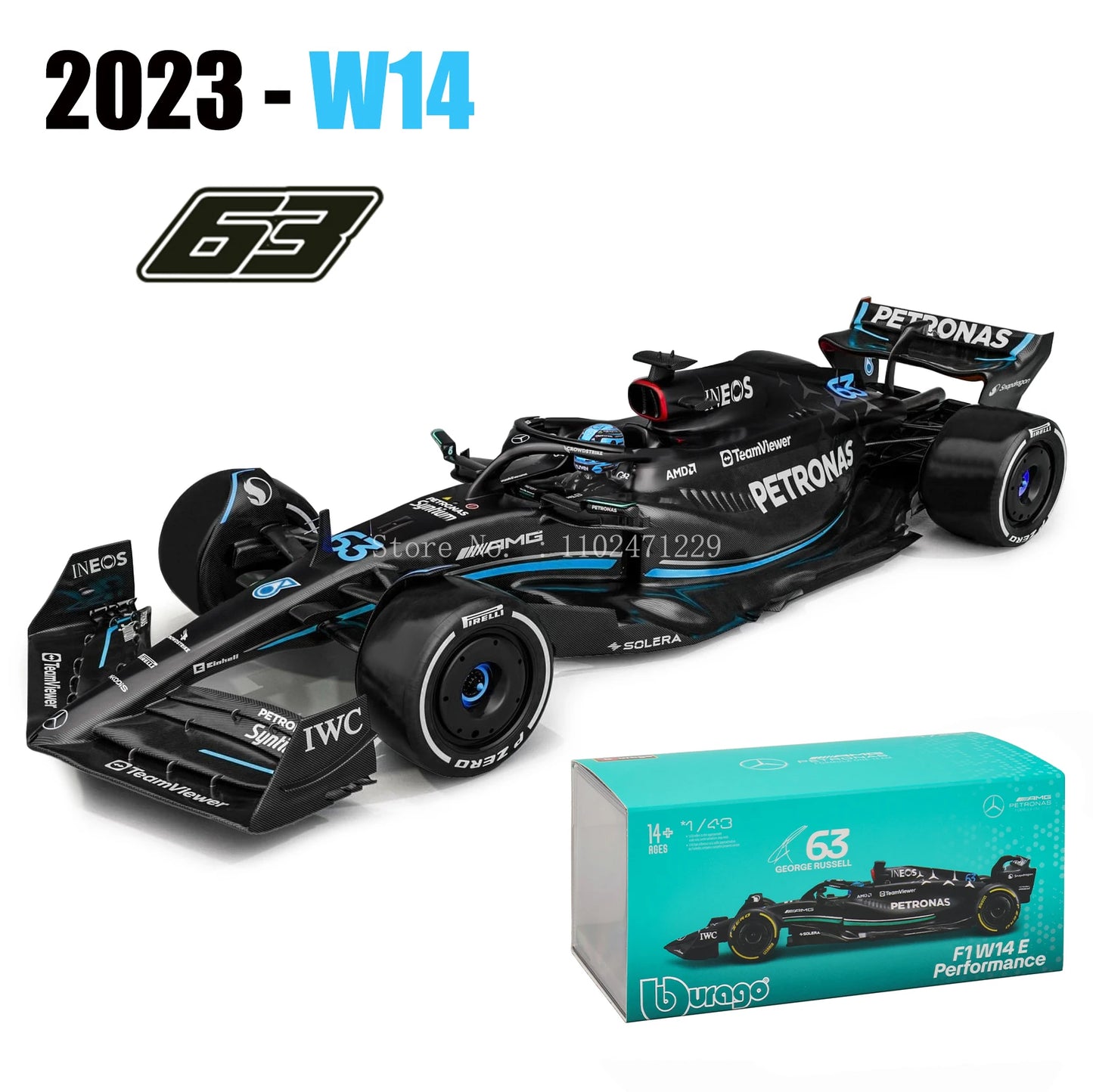 Bburago 1:43 W14 2023 44# Hamilton Mercedes-AMG Petronas F1 Team